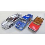 THREE 1:18 SCALE MODEL CARS FROM SOLIDO, MOTOR MAX INCLUDING SUBARU IMPREZA RALLY CAR,