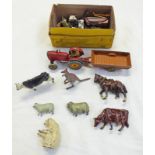 DINKY TOYS TRACTOR & TRAILER TOGETHER WITH A SELECTION OF METAL ANIMAL FIGURES AND DINKY TOYS 27A