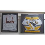 TWO FRAMED AMERICAN BASEBALL & ICE HOCKEY SHIRTS Condition Report: The 'Giants' base