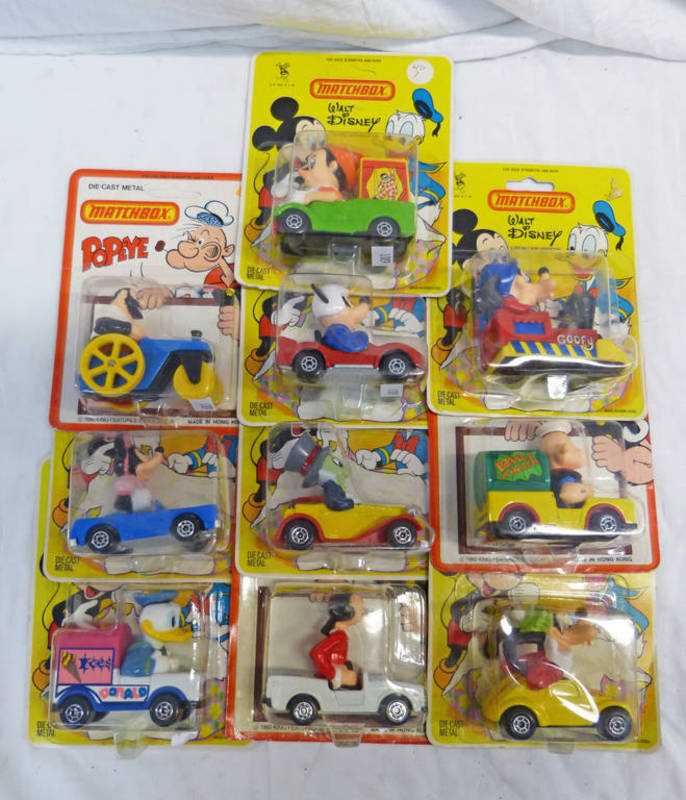 SELECTION OF TEN MATCHBOX WALT DISNEY / POPEYE RACING CARS FEATURING MICKEY & MINNIE MOUSE,