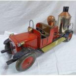 LARGE SCALE TINPLATE (POSSIBLY BING) CLOCKWORK FIRE PUMP WITH BRASS BOILER, AND PUMP .