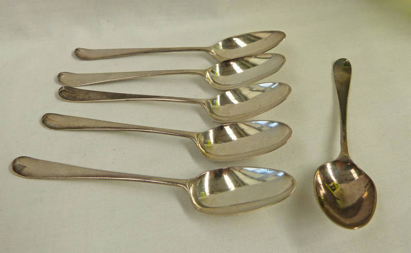 A SET OF SIX HANOVERIAN TEA SPOONS WITH SHELL BACKS BY "TW" OF LONDON 1784