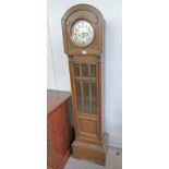 ART DECO OAK GRANDMOTHER CLOCK WITH GLAZED PANEL DOOR & SILVERED DIAL Condition Report: