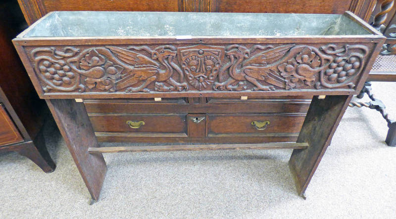 LATE 19TH CENTURY OAK PLANT TROUGH WITH DECORATIVE CARVING 97 X 80