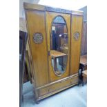 20TH CENTURY OAK MIRROR DOOR WARDROBE WITH DRAWER TO BASE & TURNED SUPPORTS 193CM TALL