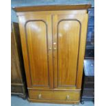 VICTORIAN MAHOGANY WARDROBE WITH 2 PANEL DOORS OVER DRAWER ON PLINTH BASE