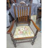 EARLY 20TH CENTURY OAK ARMCHAIR WITH TURNED SUPPORTS