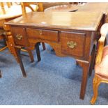 19TH CENTURY OAK SIDE TABLE WITH 3 DRAWERS & SQUARE SUPPORTS