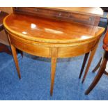 19TH CENTURY MAHOGANY DEMI-LUNE TURNOVER TEA TABLE WITH SATIN-WOOD CROSSBANDING,