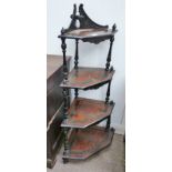 19TH CENTURY WALNUT & EBONISED CORNER 4 TIER WHAT-NOT ON TURNED SUPPORTS