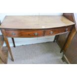 19TH CENTURY MAHOGANY BOW FRONT SIDE TABLE WITH 2 DRAWERS & SQUARE SUPPORTS
