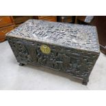 CHINESE CARVED CAMPHORWOOD TRUNK WITH DRAGON & FIGURAL DECORATION