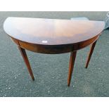 19TH CENTURY STYLE MAHOGANY AND WALNUT 1/2 MOON HALL TABLE ON SQUARE SUPPORTS