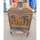 ORIENTAL BLACK LACQUERED CABINET WITH SHAPED TOP,