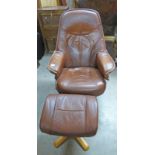 BROWN LEATHER SWIVEL CHAIR WITH STOOL ON BEECH BASE