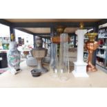 3 OIL LAMPS & 2 TABLE LAMPS ON ONE SHELF