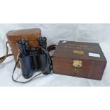 PAIR OF BINOCULARS BY HUET PARIS IN LEATHER CASE & BOOTS.