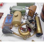 BRASS CAR HORN, STONEWARE BED WARMER, 2 METAL HOT WATER BOTTLES, FIRE EXTINGUISHER,