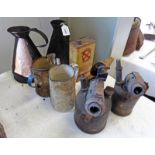 TWO OIL CANS, ENAMEL JUGS,