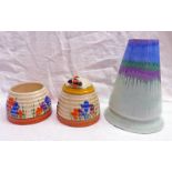 2 CLARICE CLIFF BIZARRE CROCUS HONEY POTS AND SHELLEY WARE ART DECO VASE