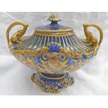 NAUTILUS PORCELAIN BLUE & GILT FLORAL DECORATED 2 - HANDLED LIDDED VASE- 19.