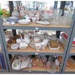 SELECTION OF PORCELAIN TEA SETS GLASSWARE ETC ON 3 SHELVES