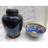 CROWN DEVON LIDDED VASE DECORATED WITH HORSES & MALING CLEMATIS BOWL,