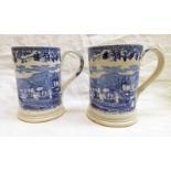 PAIR OF 19TH CENTURY SCOTTISH POTTERY MARINE PATTERN BLUE AND WHITE TANKARDS - 12 CM TALL
