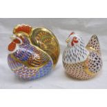 2 ROYAL CROWN DERBY PAPERWEIGHTS - FARMYARD HEN WITH GOLD STOPPER AND FARMYARD COCKEREL WITH SILVER