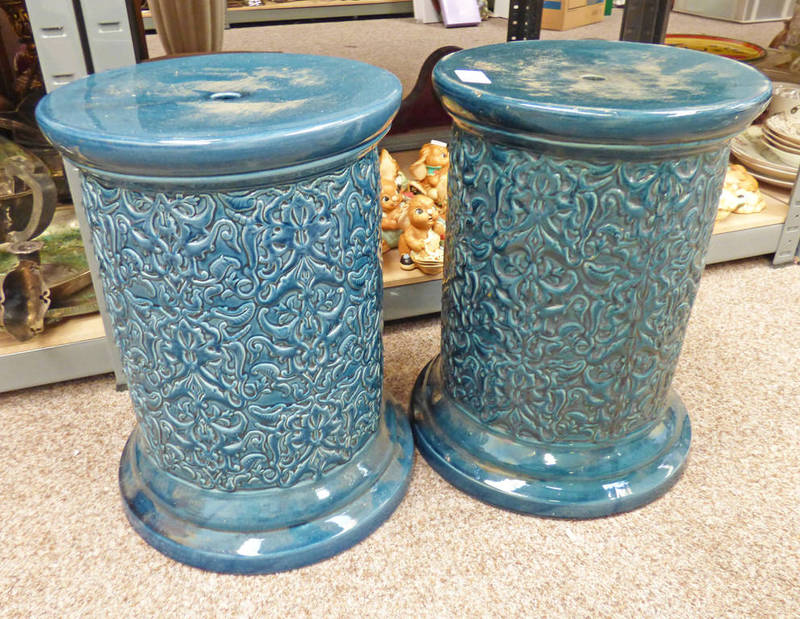 PAIR OF LATE 19TH CENTURY GREEN POTTERY JARDINIERE STANDS - 35 CM TALL Condition Report: