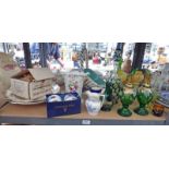 SELECTION OF VARIOUS COLOURED GLASSWARE, COPELAND SPODE PLATES, 19TH CENTURY JUGS,