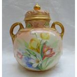 NAUTILUS PORCELAIN LIDDED 2 HANDLED VASE DECORATED WITH FLOWERS - 17CM TALL Condition