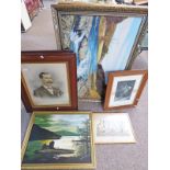 2 OAK FAMED PORTRAITS & VARIOUS OIL PAINTINGS