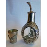 CHINESE WHITE METAL CUP MARKED LUENWO & WHITE METAL COVERED OIL BOTTLE WITH DRAGON DECORATION &
