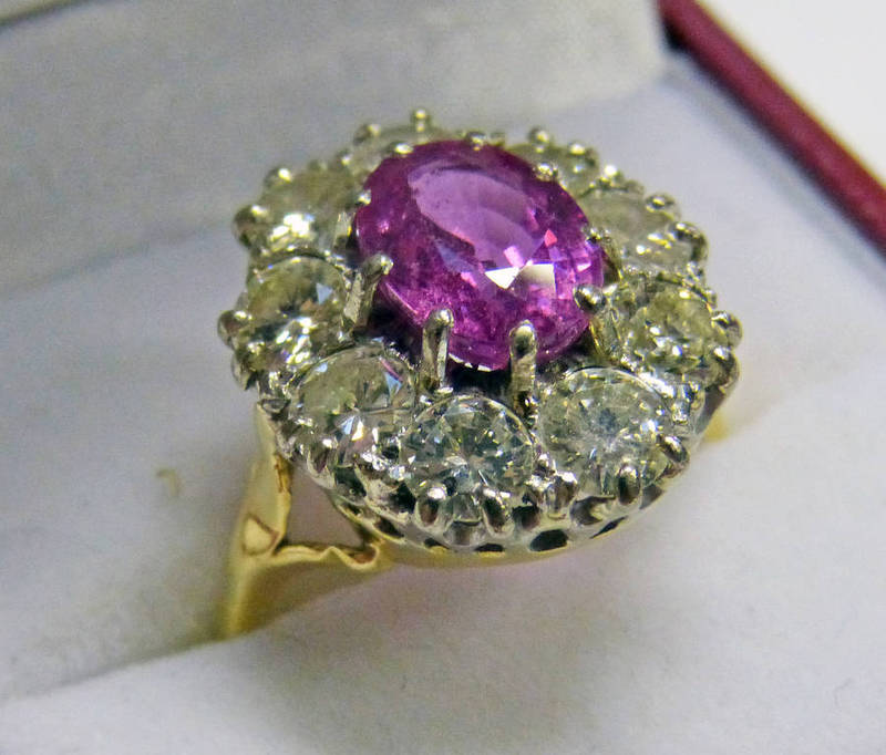 PINK SAPPHIRE & DIAMOND CLUSTER RING,