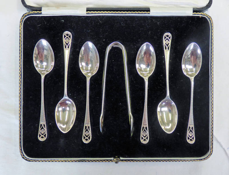 CASED SET 6 SILVER SPOONS & TONGS