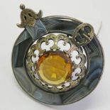 LATE 19TH CENTURY BLUE AGATE & FACETED CITRINE SET PLAID BROOCH,