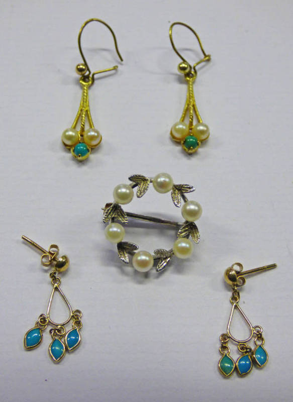 PAIR OF 9CT GOLD PEARL & TURQUOISE EARDROPS,