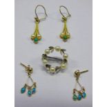 PAIR OF 9CT GOLD PEARL & TURQUOISE EARDROPS,