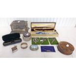 SILVER PURSE VARIOUS COSTUME JEWELLERY, SILVER TOPPED JAR, SPECTACLES, MILITARY BADGES,