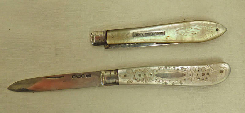 2 MOTHER OF PEARL & SILVER APPLE KNIVES