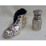 MINIATURE SILVER SCENT BOTTLE WITH FLORAL DECORATION, BIRMINGHAM 1906 & SILVER BOOT PIN CUSHION,