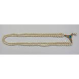 DOUBLE STRAND CULTURED PEARL NECKLACE WITH GOLD TRI-FORM RUBY & TURQUOISE CLASP WITH PEARL DROP