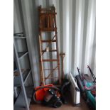 WOODEN STEP LADDER WITH 2 SHOVELS,