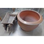 TERRACOTTA FLOWER POT & CHILD'S PINE WHEEL BARROW