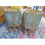 PAIR OF 20TH CENTURY OAK OCTAGONAL PLANTERS WITH BRASS STUD DECORATION AND TURNED SUPPORTS 70CM