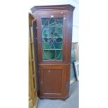 19TH CENTURY INLAID MAHOGANY CORNER CABINET WITH ASTRAGAL GLAZED DOOR OVER PANEL DOOR ON PLINTH