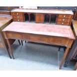 INLAID MAHOGANY LADIES DESK WITH LEATHER INSET TOP AND REEDED SUPPORTS Condition Report: