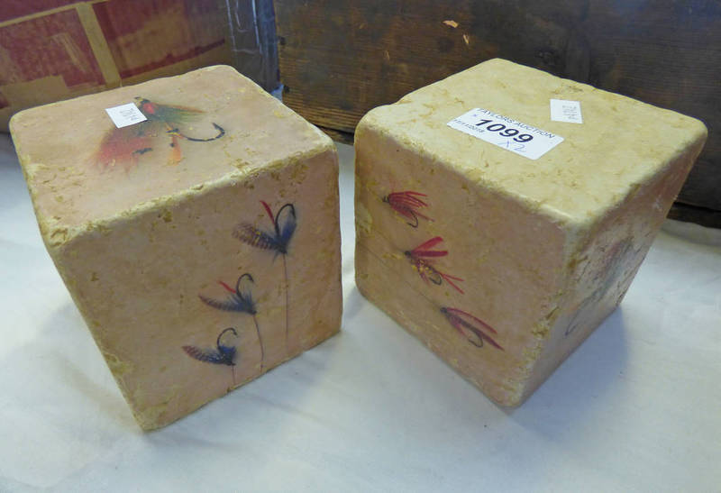 PAIR OF SQUARE HARDSTONE BOOKEND/PAPERWEIGHTS WITH FLY FISHING FLIES PAINTED TO SIDES -2-