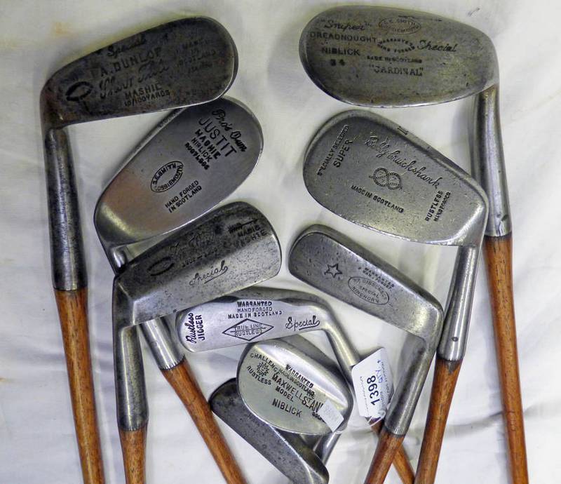 HICKORY SHAFTED IRONS TO INCLUDE A RYE NECKED WM GIBSON & CO KINGHORN PUTTER, J.E.